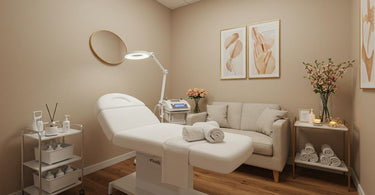 A serene waxing room with soft lighting, neutral colors, and comfortable spa bed