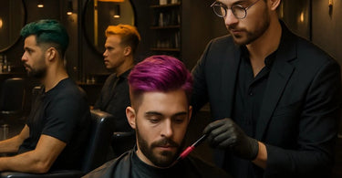 Modern male client receiving professional hair color service in a salon setting