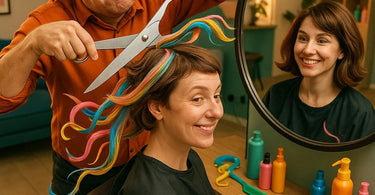 Stylist shaping a client's hair during the awkward grow-out phase from a short pixie cut