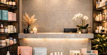 A beautifully styled front desk retail impulse buy zone featuring a curated selection of small spa products, including cuticle oil, sugar scrubs, and aromatherapy oils, arranged on elegant trays with soft lighting to encourage spontaneous purchases.