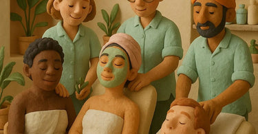A diverse group of spa professionals smiling and collaborating in a modern, inclusive salon environment