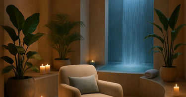 A serene and softly lit spa treatment room designed for introverted clients, featuring a comfortable massage table, warm towels, and calming ambiance