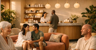 A modern, inviting unisex salon interior with a curved reception desk, warm wood accents, and comfortable lounge seating, designed to feel personal and stylish.