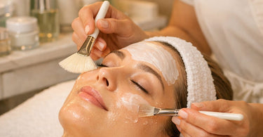 A serene spa setting with gentle skincare products arranged neatly, symbolizing calm and professional post-surgical facial care.