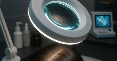 Close-up view of a professional magnifying lamp illuminating a client's scalp during a detailed salon or spa analysis.