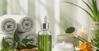 Ayur-Medic Skincare products displayed on a spa tray with fresh herbs