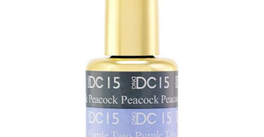 DND DC Mood Soak-Off Gel Polish in 15 Peacock Taro Purple 0.6 oz bottle with color shift from peacock teal to taro purple.