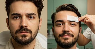A man receiving a professional brow wax at a spa, looking relaxed and confident