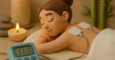 Professional TENS machine with electrode pads on spa table