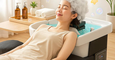 Woman receiving a luxurious hair spa treatment with foamy shampoo and relaxing scalp massage