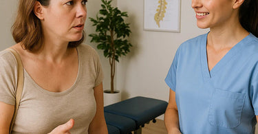 Woman laughing while holding a bra, sitting on a chiropractor table