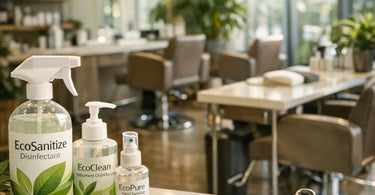 Eco-friendly salon disinfectant sprays and wipes on a clean spa counter with plants