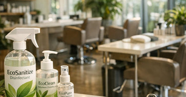 Eco-friendly salon disinfectant sprays and wipes on a clean spa counter with plants