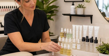 Strategic retail display showcasing small beauty products like cuticle oil and nail art rhinestones for increased sales.