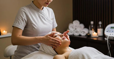 A serene spa setting showcasing a client receiving a relaxing facial massage