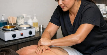 Massage therapist demonstrating proper ergonomic lunge stance and low table height while performing deep tissue work on a tall client