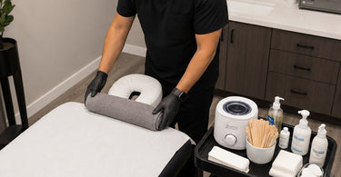 Technician demonstrating ergonomic body positioning for a full back waxing service with proper posture and table height adjustment