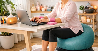 A serene home setup featuring ergonomic furniture, a cozy blanket, a cup of tea, and wellness products, representing a spa professional's personal recovery space.