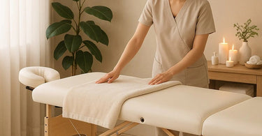 Therapist adjusting height of professional massage table in modern spa setting