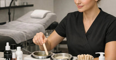 A clean, well-organized high-volume lash tinting station with a fume extractor and professional supplies