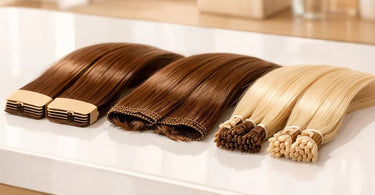 A comparison visual showing three different types of professional hair extensions: tape-in, hand-tied, and keratin bond, laid out neatly on a salon station.