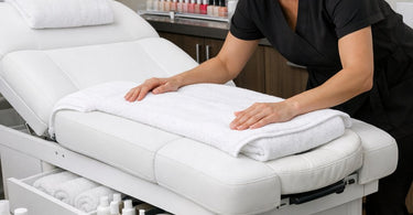 Modern facial bed with built-in storage drawers open displaying skincare products and towels in a compact, organized spa treatment room.