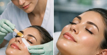 A professional esthetician performing a detailed facial waxing service on a client's eyebrow, using a wooden spatula to apply hard wax, with a focus on clean technique and skin preparation.