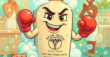 Ayur-Medic Anti-Bacterial Wash bottle with foamy lather, surrounded by fresh herbs and spa tools