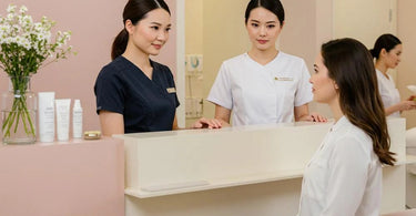 Spa professional calmly listening to client in treatment room