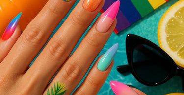 Summer almond nail designs featuring poolside blue, fruity colors, and rainbow pride themes