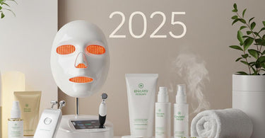 Collage of futuristic skincare treatments and products representing 2025 trends
