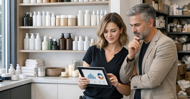 A stylist turned salon owner confidently reviewing an inventory clipboard in a well-organized, modern salon stock room
