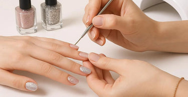 Professional manicure and pedicure tools with glitter polish and rhinestones on salon table