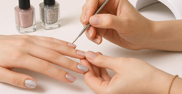 Professional manicure and pedicure tools with glitter polish and rhinestones on salon table