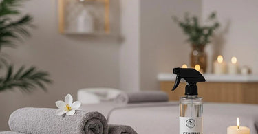 Spa linen spray bottles with fresh towels on a massage table