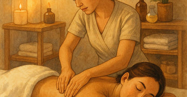 Massage therapist performing hands-on pain relief techniques on client's back in spa setting