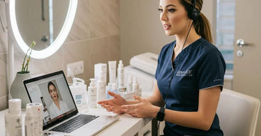 Spa professional conducting a virtual consultation with a client on a laptop