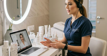 Spa professional conducting a virtual consultation with a client on a laptop