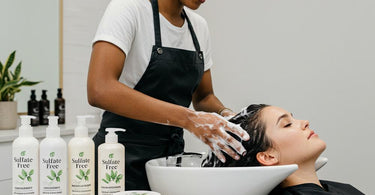 Sulfate-free hair products displayed in a modern salon setting
