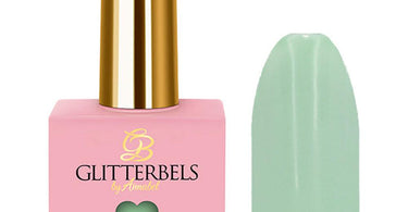 Glitterbels Hema-Free Gel Polish in Matcha Tea shade, a soft creamy pistachio green gel polish bottle displayed elegantly on a neutral background.