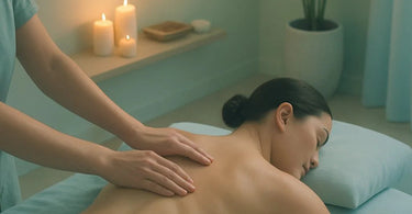 A fun and educational collage featuring illustrations of major back and shoulder muscles, alongside professional massage tools and spa products from Pure Spa Direct.