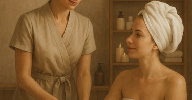 Spa professional calmly speaking with a client in a serene treatment room