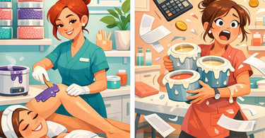 Hard wax and soft wax in containers with spatulas, illustrating the cost-per-service breakdown for high-volume waxing studios.