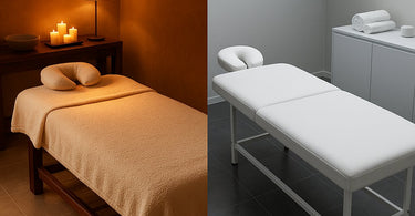 Professional heated and unheated massage tables comparison in spa setting
