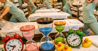 A well-organized spa treatment room with a massage table, clean linens, and neatly arranged professional products, symbolizing efficient high-volume scheduling and cleaning resets.