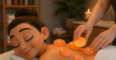 Pink Himalayan salt massage stones arranged on bamboo tray for spa treatments