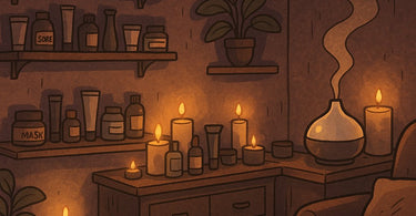 Spa professional preparing a sensory treatment with blindfolded client in a serene, softly lit treatment room