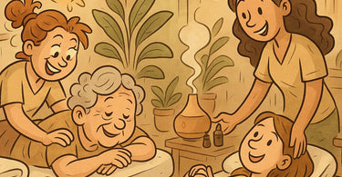 Warm and inviting spa scene showing multiple generations enjoying treatments together during a Bring Your Parent Day event