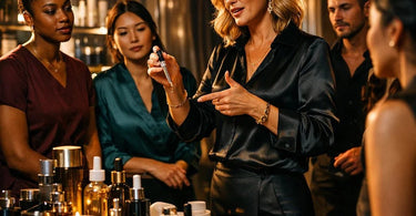 A group of salon and spa professionals smiling and engaged in a hands-on product training session