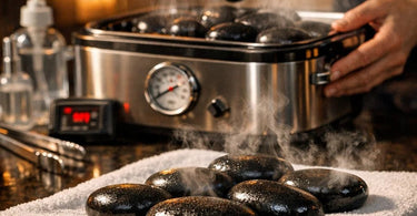 A professional massage therapist carefully holding a smooth, heated basalt stone, demonstrating proper hot stone massage protocol, stone care, sanitizing, and burn prevention for spa professionals.